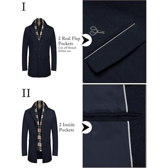 NWT COOFANDY Men's Peacoat Pea Coats Winter Breasted W Detachable Scarf,Navy-S - Picture 2 of 5